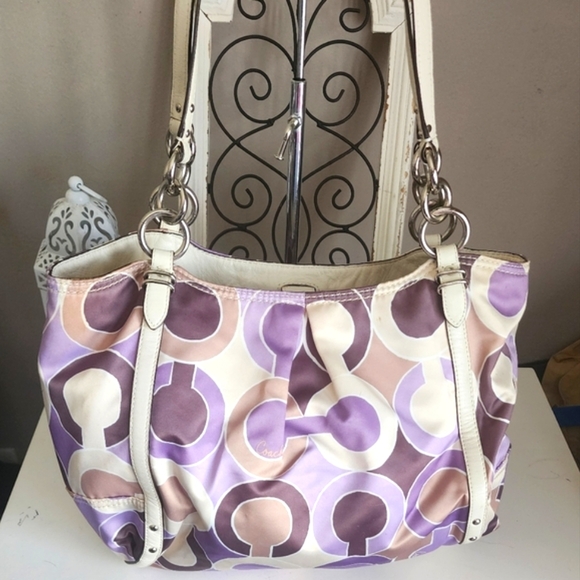 Coach Vintage Alexandra Op Art Purple Cream And Beige Large Shoulder Bag - Picture 2 of 9
